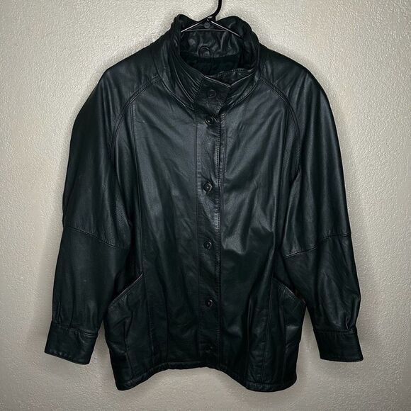 Vintage 90s Pelle Green Leather Coat Medium - Picture 2 of 7